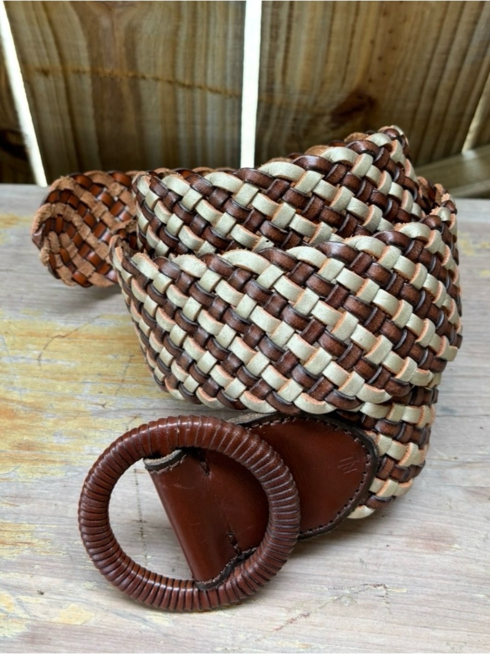 Lauren Ralph Lauren Wide Woven Brown & Cream Leather Belt Size XL